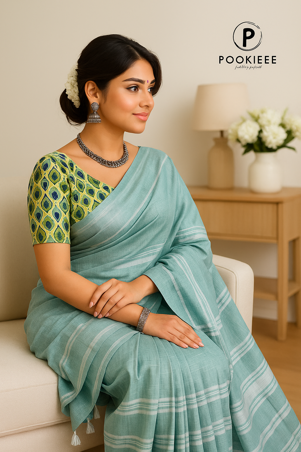 Plain Cotton Linen Saree with Blouse Piece